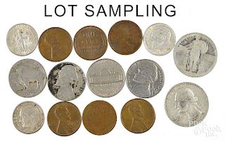 Miscellaneous coins, to include $3 in 90% silver coins, together with 134 wheat pennies and twenty-n