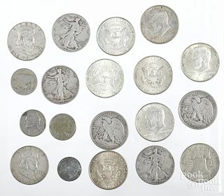Group of assorted 90% silver coins, $12.75 face value, together with four nickels and three steel ce