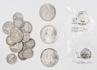Morgan silver dollar, 1921, together with 1994 and 1991 American silver eagle dollars, five Barber h