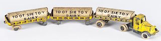 Tootsie Toy Dairy four-piece tandem tanker truck, 13 1/4'' l.