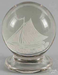 Footed frit paperweight, attributed to Michael Kane , with a sloop, 3 1/4'' dia.