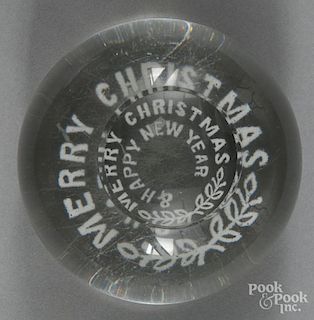 White frit paperweight, inscribed Merry Christmas & Happy New Year, with top facet, 3 1/2'' dia.