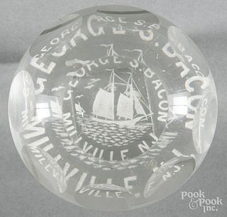 Faceted white frit paperweight, with a sailing ship, inscribed G. S. Bacon Millville N.J., 3 1/8''