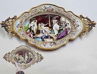Large 19th C. Viennese Enamel Tray On Silver