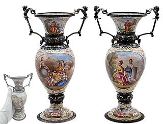 Pair Of 19th C. Large Viennese Enamel On Silver Vases