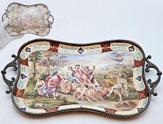 19th C. Viennese Enamel Tray On Silver