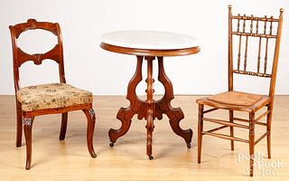 Victorian marble top table and two chairs