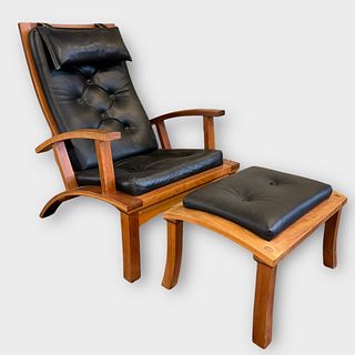 Thomas Moser "Lolling" Wood and Tufted Leather Chair with Matching Ottoman