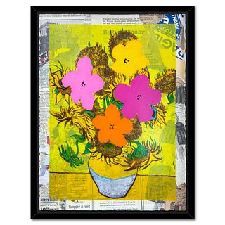 Mr. Brainwash- Original Mixed Media on Deckle Edge Paper "Flower and Sun"