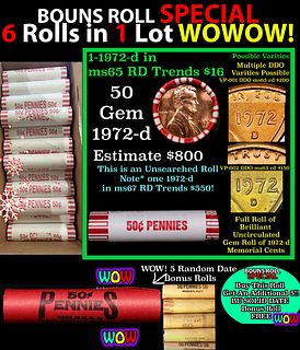 THIS AUCTION ONLY! BU Shotgun Lincoln 1c roll, 1972-d 50 pcs Plus THREE bonus random date BU roll! Bank Wrapper 50c