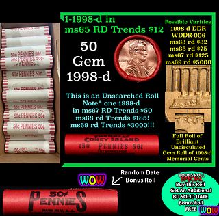 THIS AUCTION ONLY! BU Shotgun Lincoln 1c roll, 1998-d 50 pcs Plus one bonus random date BU roll! Bank Wrapper 50c