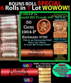THIS AUCTION ONLY! BU Shotgun Lincoln 1c roll, 1964-p 50 pcs Plus FIVE bonus random date BU roll! Bank Wrapper 50c