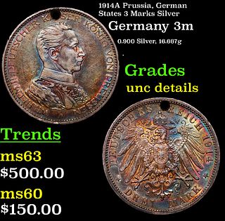 1914A Prussia, German States 3 Marks Silver Grades Unc Details