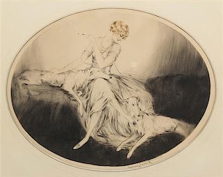 Louis Icart, (French, 1888-1950), Woman with Two Dogs
