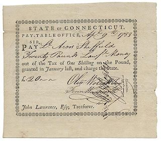Wolcott, Oliver. Partially Printed Document Signed.