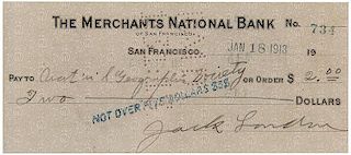 London, Jack. Signed personal check. To National Geographic.