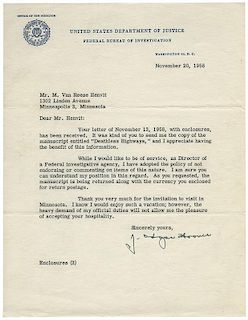 [Crime] Hoover, J. Edgar. Typed Letter Signed