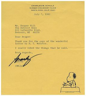 Schulz, Charles. Typed letter signed, “Sparky”, to Detroit News cartoonist Draper Hill.