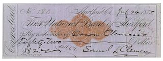 Clemens, Samuel L. (Mark Twain). Signed Check to His Brother, Orion Clemens.