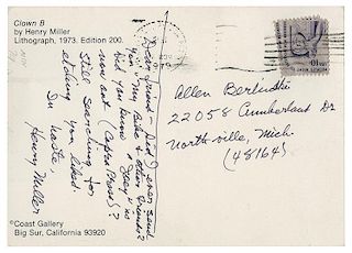 Miller, Henry. Inscribed postcard