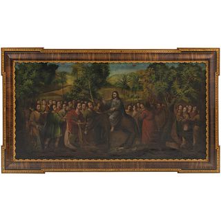 LA ENTRADA DE JESÚS A JERUSALÉN. MÉXICO, SIGLO XVIII. Óleo sobre tela. 120 x 230 cm.