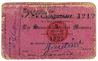 Houdini, Harry. Signed 'Society of American Magicians' Membership Card
