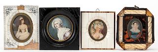 A Group of Four Hand-Painted Miniature Portraits. Mid-nineteenth century.
