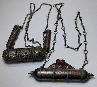 JUDAICA. Grouping of Two Silver Torah Ornaments.