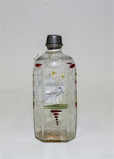 * A Bohemian Enameled Glass Flask with Lid Height 6 inches.
