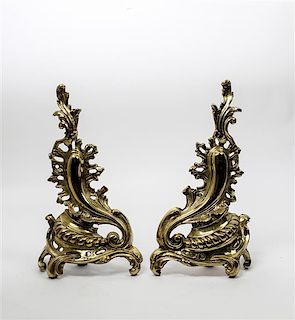 * A Pair of Louis XV Style Brass Chenets Height 17 inches.