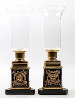 * A Pair of Empire Style Gilt Bronze and Marble Candle Holders Height 18 inches.