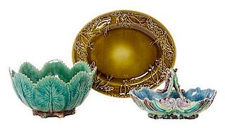 * A Group of Three Majolica Table Articles Width of serving platter 19 inches.