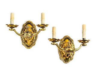 * A Pair of Two-Light Gilt Metal Sconces Width 11 3/4 inches.