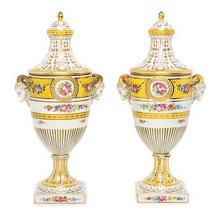 A Pair of Dresden Porcelain Urns Height 15 3/8 inches.