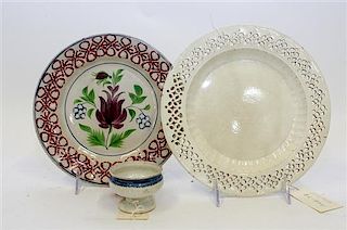 * Three English Creamware Table Articles Diameter of largest plate 9 1/4 inches.