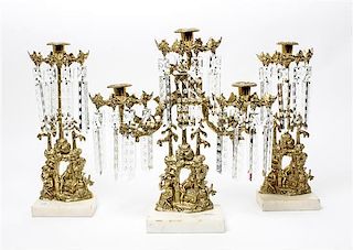 * A Victorian Brass and Marble Garniture Height of tallest 17 inches.