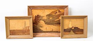 A Collection of Five Marquetry Landscape Panels Largest 12 x 15 1/2 inches.