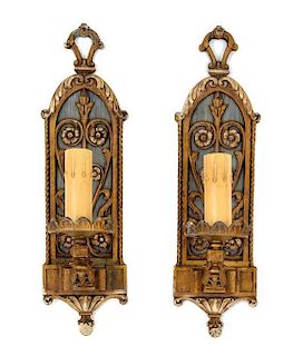 * A Pair of Painted Metal Single-Light Sconces Height 16 inches.