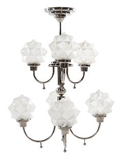 An Art Deco Nickel and Frosted Glass Chandelier. Height 33 1/2 x diameter 21 inches.