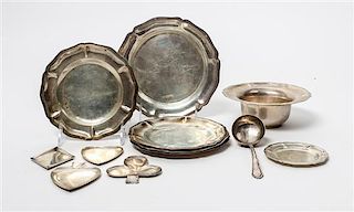 A Collection of Mexican Silver Articles, , comprising a bowl, a spoon, four trays in the form of a diamond, heart, spade and 