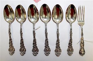 * A Group of Six American Silver Teaspoons, Gorham Mfg. Co., Providence, RI, Versailles pattern, each with an engraved monogr