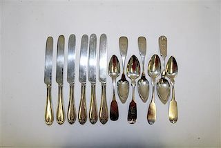 * A Group of Six American Coin Silver Flatware Articles, Various Makers, comprising 6 dinner knives and 7 fiddle-form teaspoo