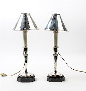 * A Pair of Silver-Plate Candlestick Lamps Height overall 17 1/2 inches.