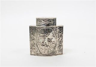 * A Continental Silver Tea Caddy, Probably Dutch, 19th Century, each side with a central cartouche depicting figures in a lan