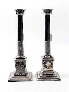 * A Pair of English Silver-Plate Candle Holders Height 15 inches.