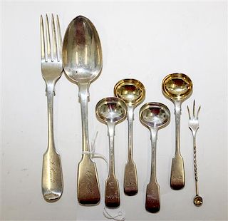 A Collection of English Silver Flatware, various makers, comprising a pair of George IV condiment spoons marked William Traie