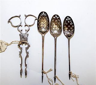 A Collection of Georgian Silver Table Articles, various makers, comprising three olive spoons with obscured marks and a pair 