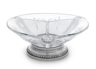 A Glass Three-Part Relish Dish on Silver Stand Diameter 8 1/4 inches.