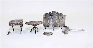 A Collection of Continental Silver Miniature Furniture, various makers, comprising a German 3-panel floor screen with obscure