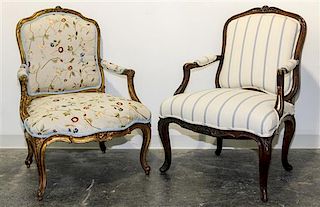 * Two Louis XV Style Fauteuils Height of first 38 inches.